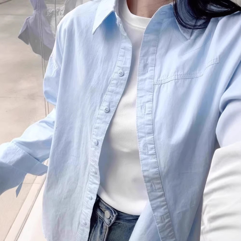 Pure Cotton Blue Shirt for Women, Spring 2026 New Style, Versatile Long-Sleeve Shirt with a Turn-Down Collar, Loose Casual Korean-Style Top
