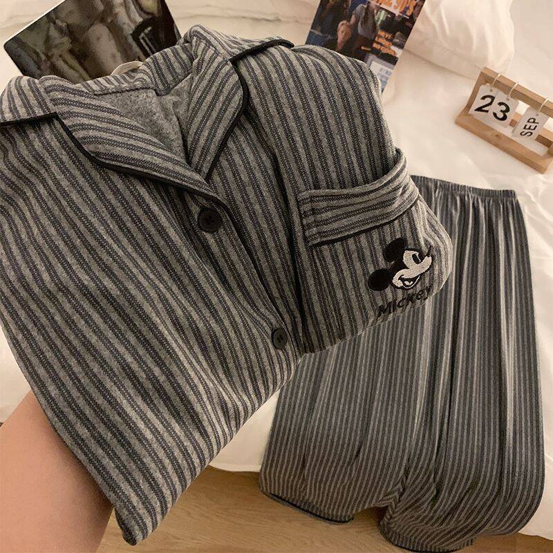 Japanese-Style Striped Thermal Couple Pajamas Autumn and Winter Mickey Simple Warm Loungewear Set for Men and Women