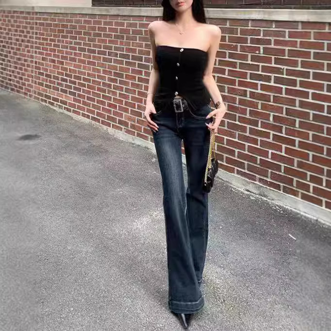 Thirteen Lines High Quality Cartoon Long Leg Jeans Women's Autumn Mid-High Waist Slimming Vintage Flared Pants