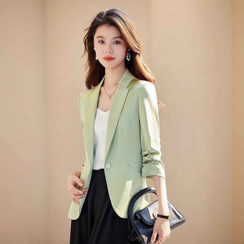 White Three-Quarter Sleeve Suit Jacket for Women, Summer High-End Short Top, Casual Acetate Satin Small Suit White Three-Quarter Sleeve Suit Jacket for Women, Summer High-End Short Top, Casual Acetate Satin Small Suit