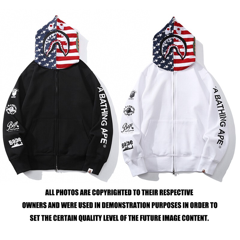 Cross-border wholesale 2024 new trendy brand BAPE American flag full-zip shark hooded sweatshirt jacket