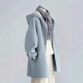 胖mm特大码300斤毛呢外套女秋冬季时尚感小个子奶油蓝色连帽大衣