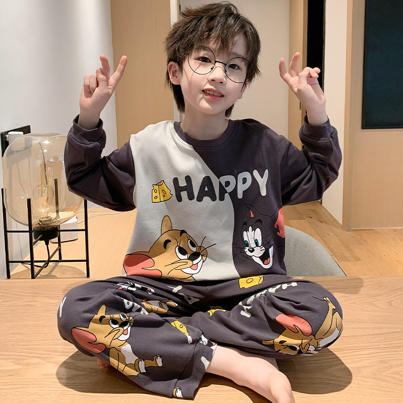 100% Cotton Boys' Pajamas Long-Sleeved Spring and Autum Cartoon Teenagers and Kidsren's Home Clothes Little Boys and Big Kidsren's Suits