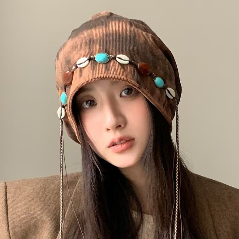 秋冬季韩版堆堆帽大头围女显脸小复古串珠护耳帽百搭保暖包头帽|undefined