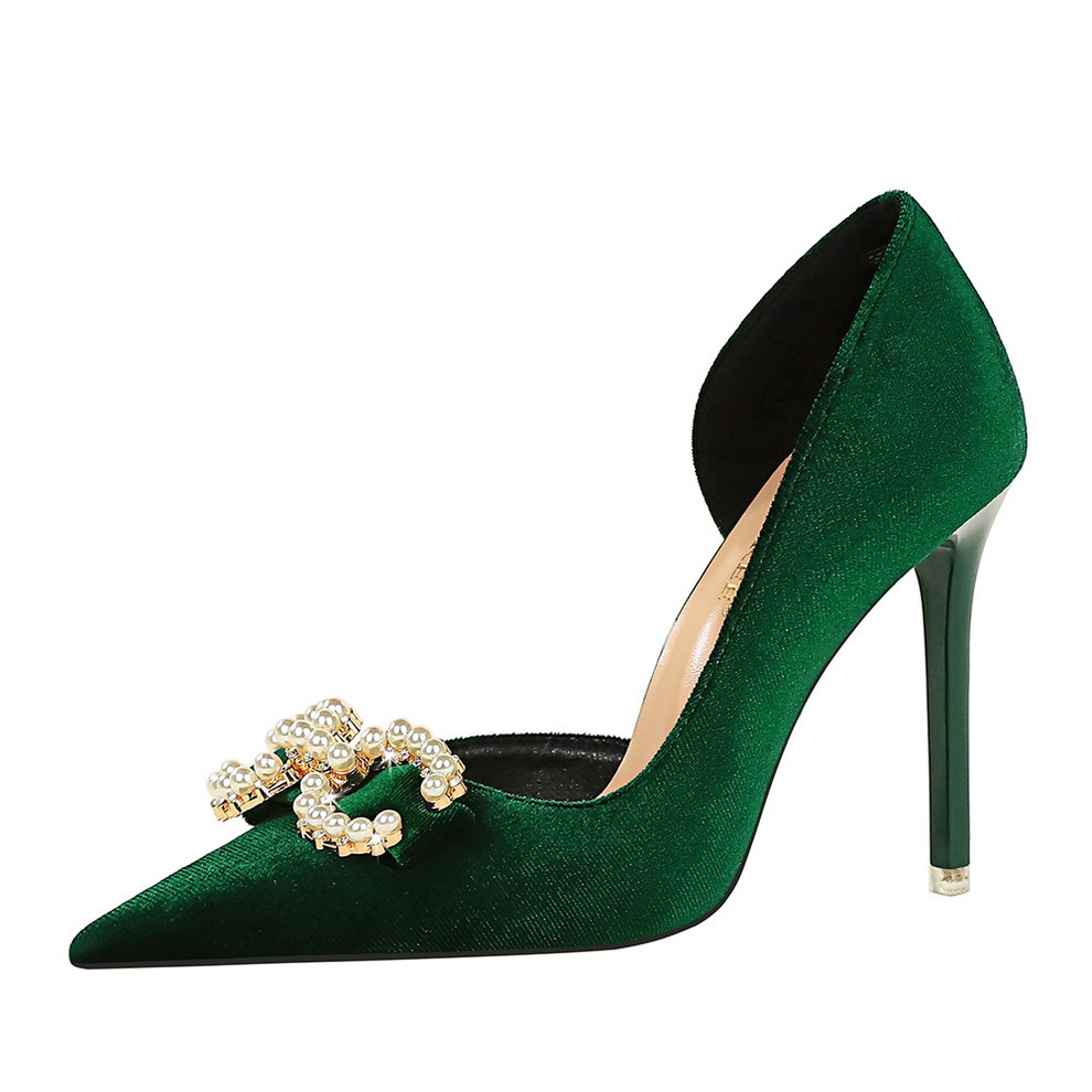 1363-K79 Banquet High Heels Shallow Mouth Pointed Toe Thickened Suede Side Hollow Pearl Rhinestone Buckle Bowknot Single_vogvips.com
