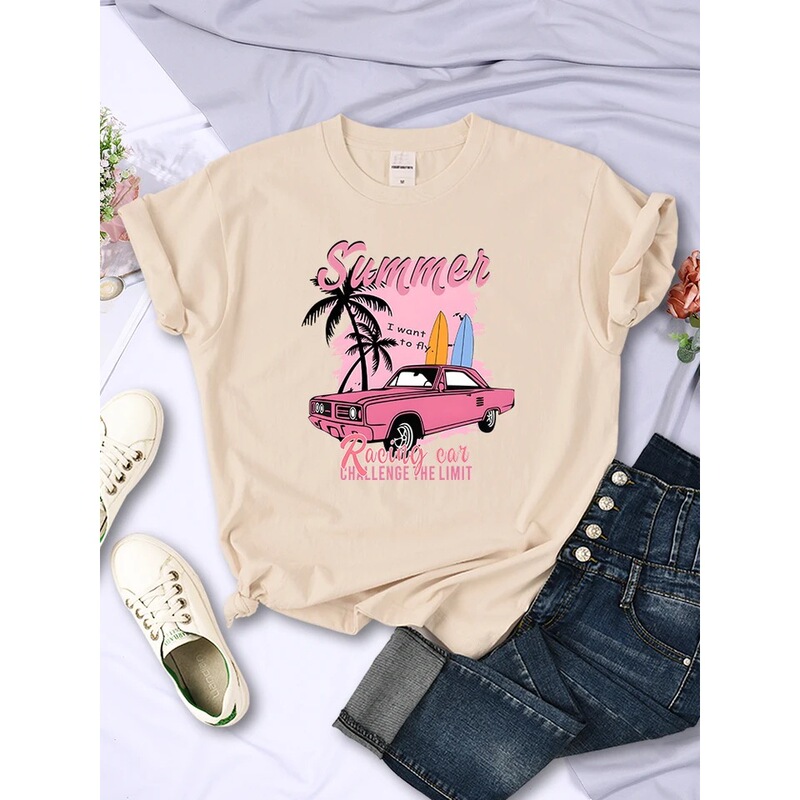 【European Size Cotton T-Shirt】Summer Racing, Let's Go to Miami Beach Printed Women's T-Shirt Breathable O-Neck Full-Length