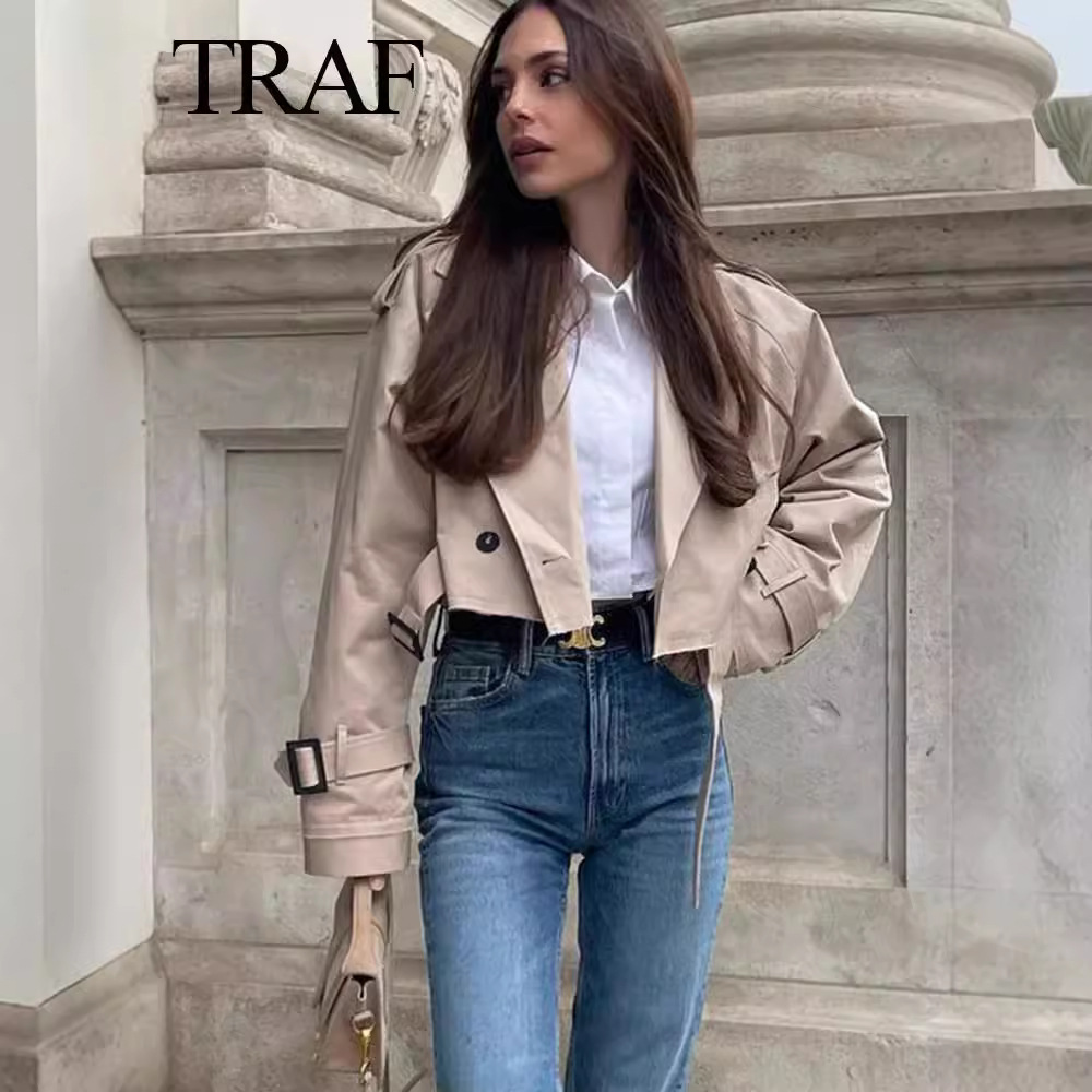 Γυναικεία Ρούχα TRAFZA, αποκλειστικό σε πωλήσεις γυναικείο κοντό, μονόχρωμο, αντιανεμικό μπουφάν με μακριά μανίκια και casual σχέδια._voghion.com