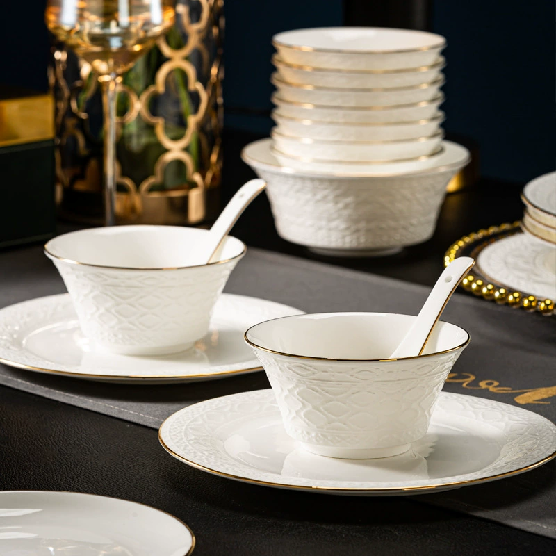 Кость porcelain столовые приборы радостны, 10 человек едят белый рельеф, элитные индуцированные блюда, домашних светлая роскошь подарки к новым домам