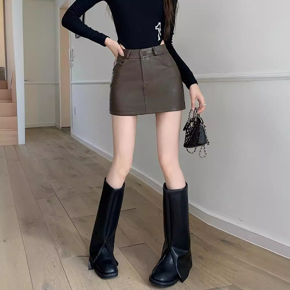 Brown PU leather skirt skirt women's autumn and winter New High waist slimming hip skirt hot girl short skirt anti-exposure