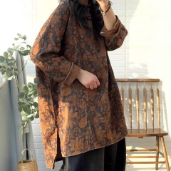 プリントの小さいシャツの女性の2025春の新型の文芸の復古のプリントのゆったりしている丸首の中で長いタイプの頭の上着をかぶせます。