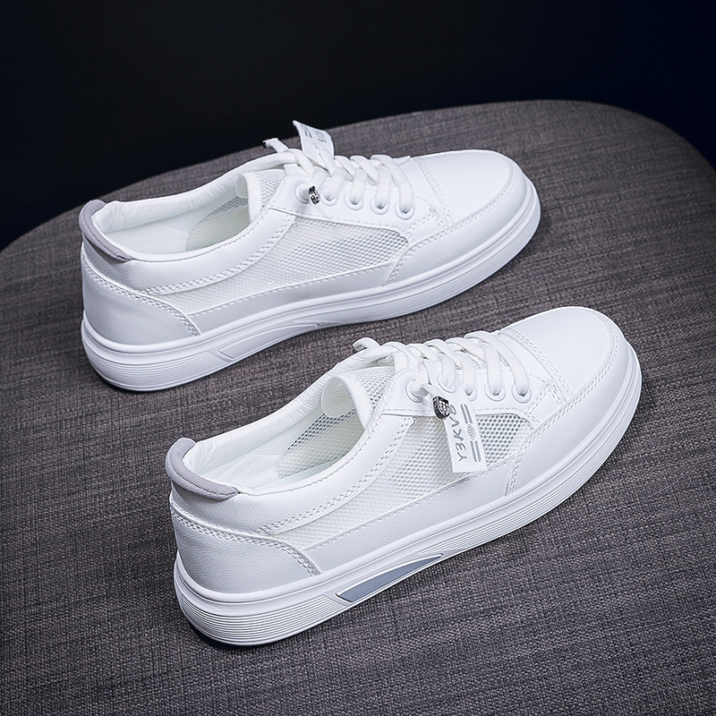 Tênis feminino casual de verão 2026, em malha respirável, estilo coreano, antiderrapante, branco, com sola macia._voghion.com