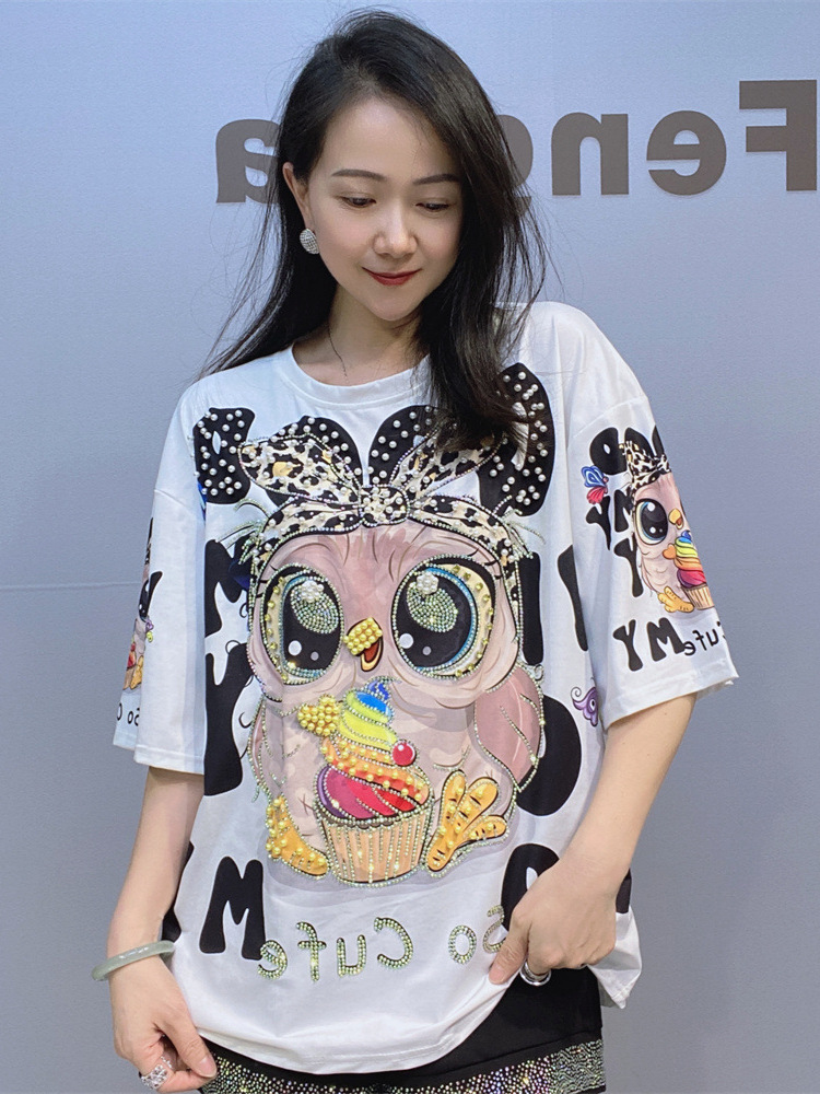 Comercio exterior moda transfronteriza nueva camiseta de manga corta con cuello redondo para mujer verano 2025 nueva camiseta suelta de media manga de diamantes brillantes de la industria pesada