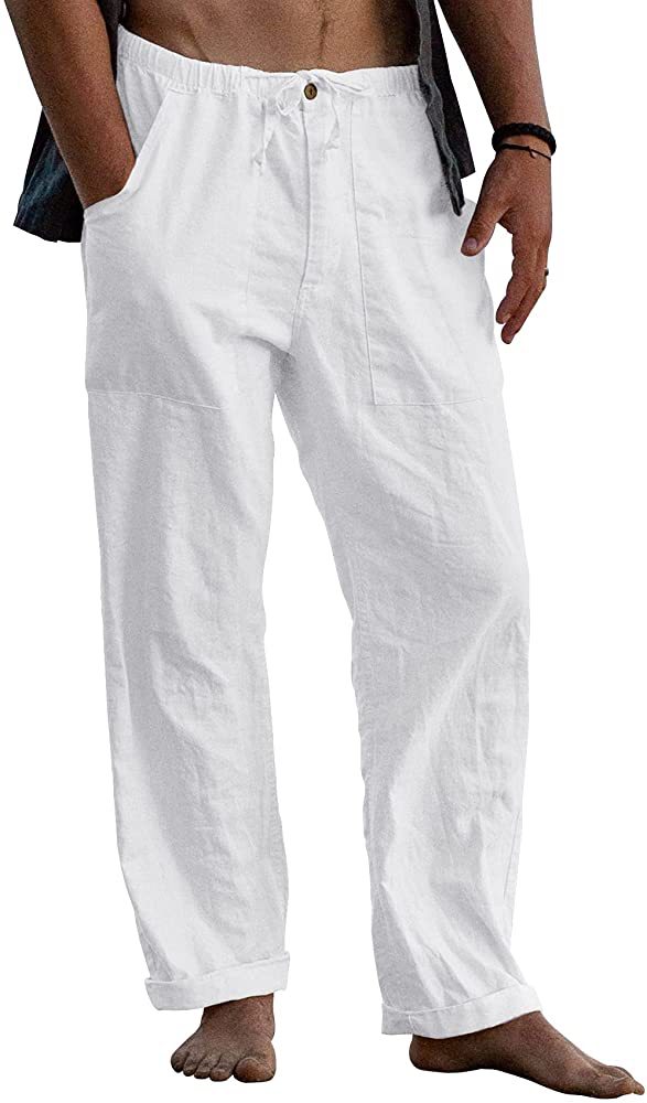 Pantalon en lin pour hommes, Yoga, plage, décontracté, taille élastique, cordon de serrage, poche de ceinture ample, été, 2024_voghion.com