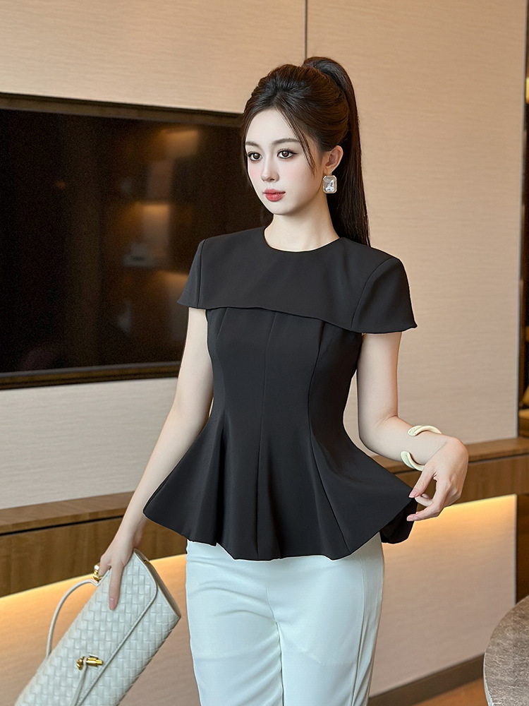 Áo choàng ngắn tay nữ viền xếp nếp eo — Màu đen