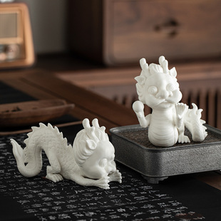 High-Quality White Porcelain Zodiac Dragon Ornaments, Cute Chinese Dragon Office Tea Room Living Room Entrance Desktop Home Decorations