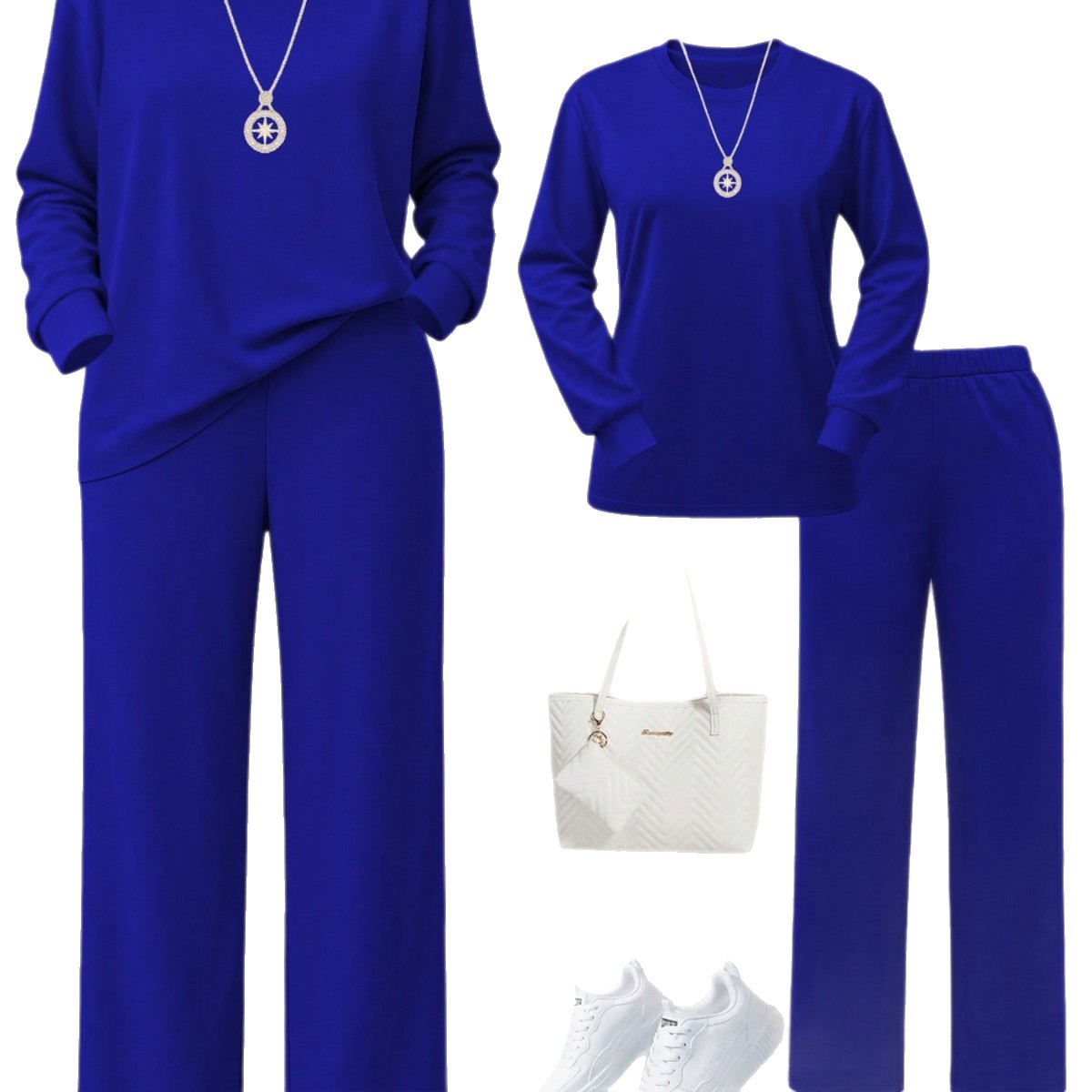 Women's Autumn/Winter Two Piece Set Style Solid Color Round Neck Long Sleeve Top With Wide Leg Straight Leg Pants_ecoleips.com