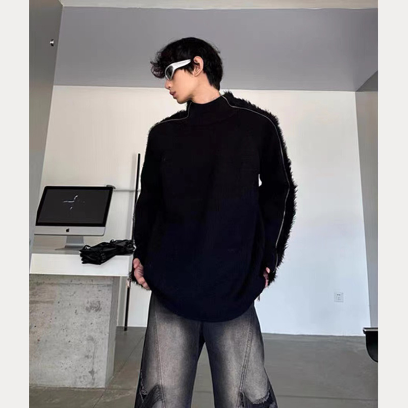 Men's Clothing street zipper sweater brand high street casual deconstruction design loose round neck knitted sweater trend_voghion.com