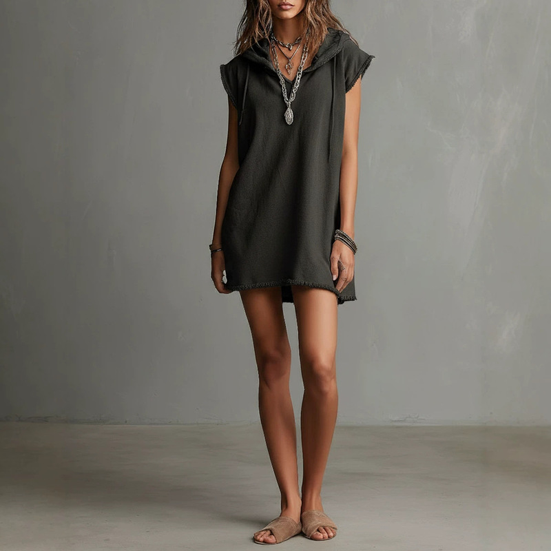 2026 Cross-Border Women's Fashion European and American Style Casual Hooded Mini Sweatshirt Dress with Drop Shoulder Design and Rolled Cuffs