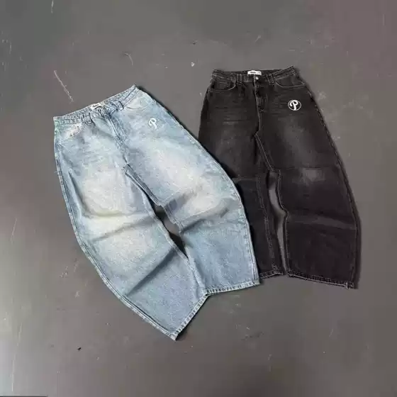 Cross-border European and American street y2k embroidery fashion baggy washed old jeans men's loose small straight trousers
