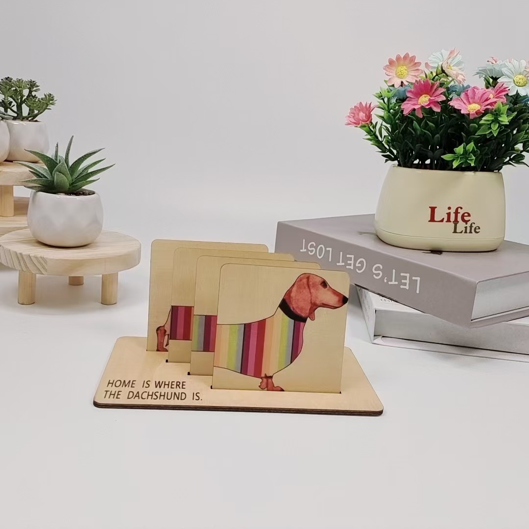 Posavasos de madera creativo Dachshund, diseño de arcoíris y perro salchicha, montaña rusa