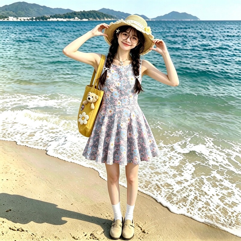 Sweet and Fresh Floral Dress for Women, Simple Korean Style Fashion Tank Dress, Princess Style Dress for Petite Students