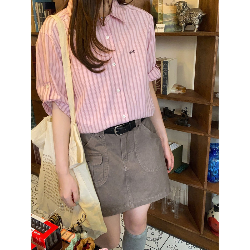 Milk Rabbit - Self-Made Embroidered Sleeve Tab Design Pure Cotton Vertical Stripe Shirt for Women, Spring and Summer Petite Top Milk Rabbit - Self-Made Embroidered Sleeve Tab Design Pure Cotton Vertical Stripe Shirt for Women, Spring and Summer Petite Top