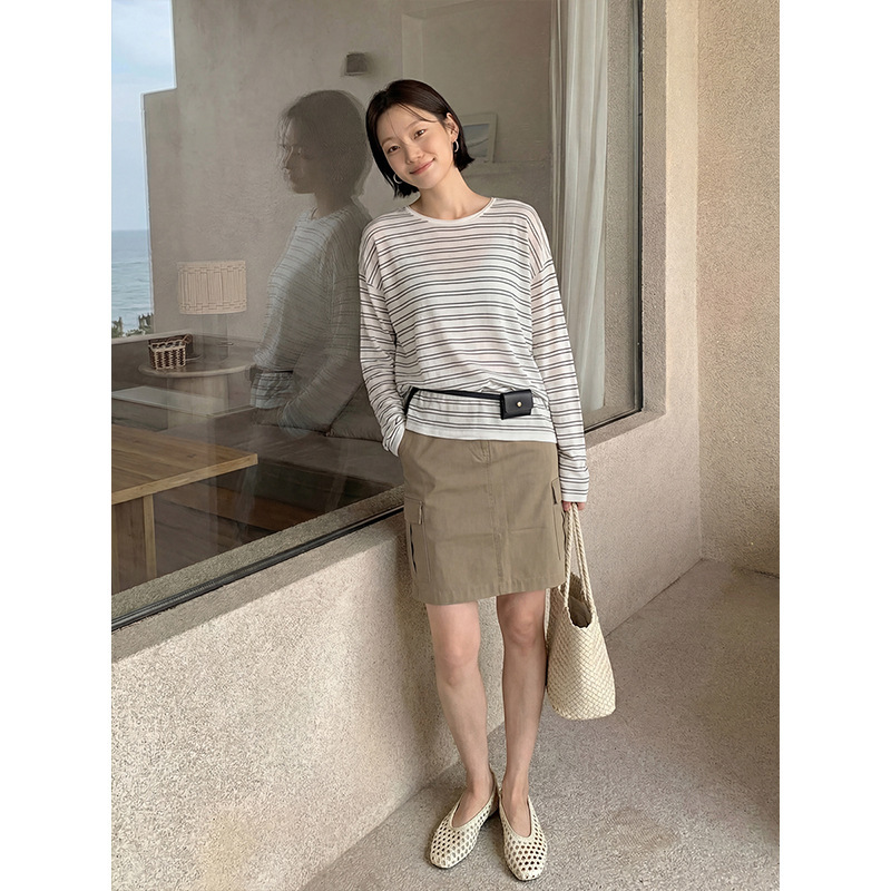 The Mind Striped Back-Cutout Lace-Up Long-Sleeve Top 2026 Summer Korean Style Casual Versatile T-Shirt T6321X