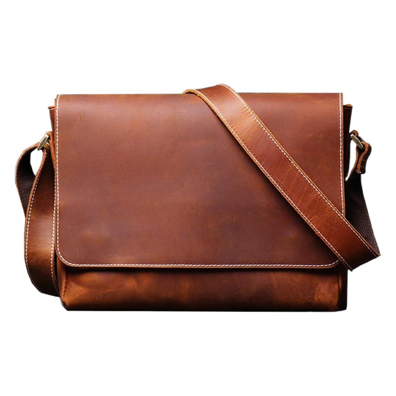 Fábrica en stock al por mayor de la vendimia bolso de los hombres de cuero genuino hecho a mano bolso de mensajero de cuero de vaca de las mujeres bolso de hombro de los hombres simples de cuero de Caballo Loco