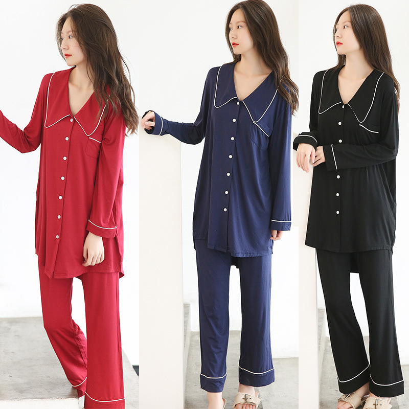2021 Spring and Summer New Pajamas Women's Cardigan Long-sleeved Trousers Two-piece Large Size Loose Thin Home Clothes