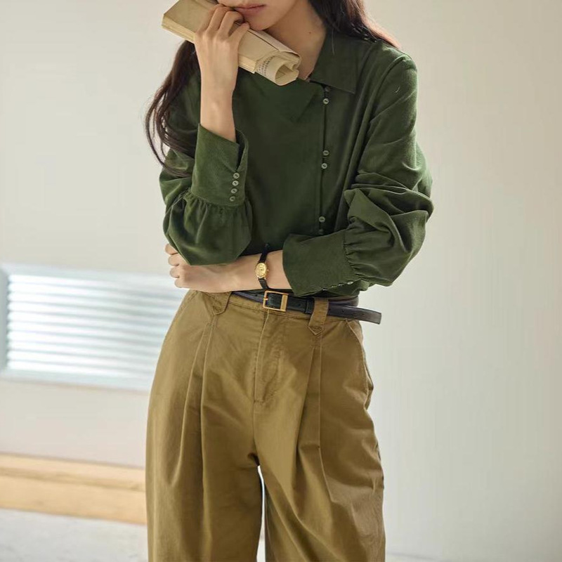 French Retro Corduroy Irregular Shirt Women's Autumn Elegant Niche Solid Color Top
