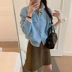 温柔蓝色刺绣百搭圆领长袖针织开衫女秋季新款拼色系扣毛衣外套潮