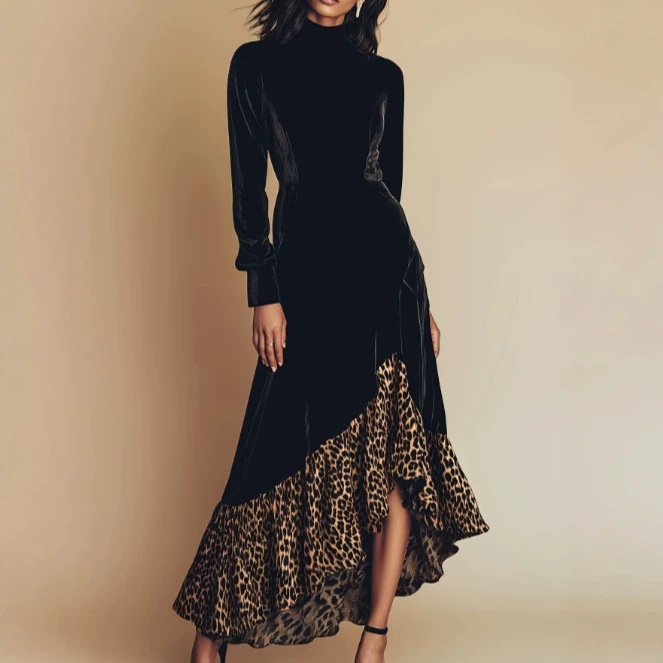 2026 Spring and Autumn European and American Cross-Border Bestseller Western Style Zipper Vintage Leopard Print Patchwork Dress for Women