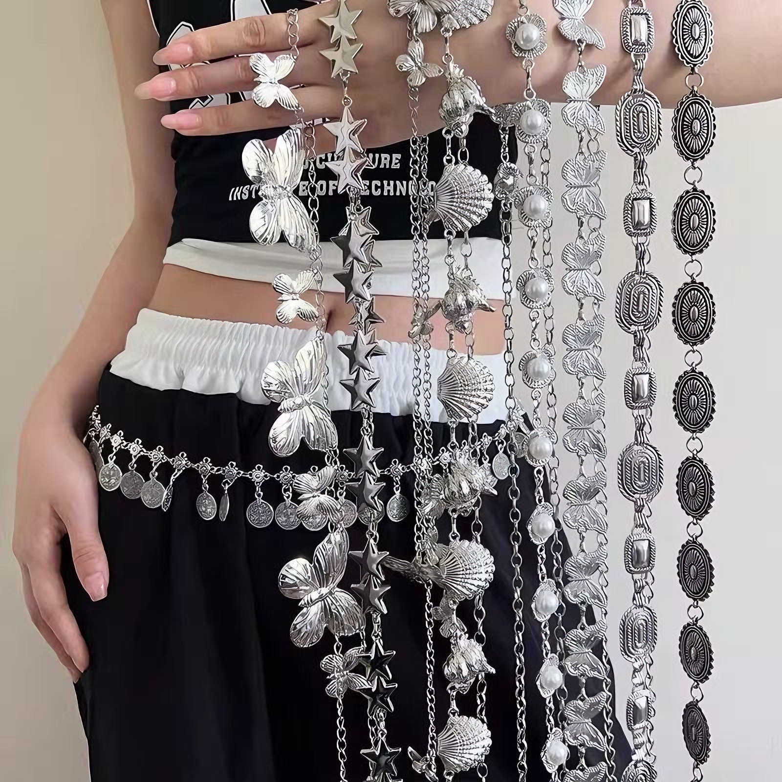 Cadena de cintura de metal de moda de verano, accesorios de cinturón fino de mariposa retro, todo fósforo con cadena de cinturón de vestir, sentido de alta gama