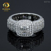 国际站欧美外贸热销款S925银满镶T方莫桑石小碎钻男士嘻哈戒指