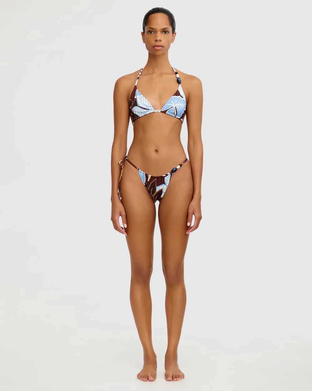 avant plein pied - Bikini Brésilien Floral Bleu Marron – Maillot de Bain Sexy et Confortable - Couleurs Lagon