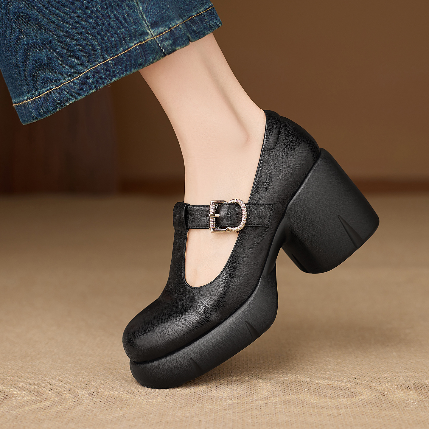 Giày Mary Jane nữ da cừu cao cấp gót vuông 8 cm quai ngang khóa chữ T — màu đen