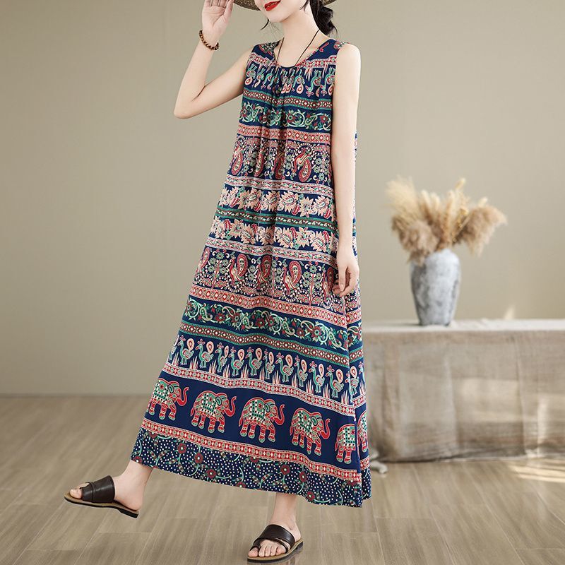 Cotton Silk Dress Women's Summer Bohemian Resort Style New Sleeveless Artificial Cotton Camisole Seaside Long Skirt