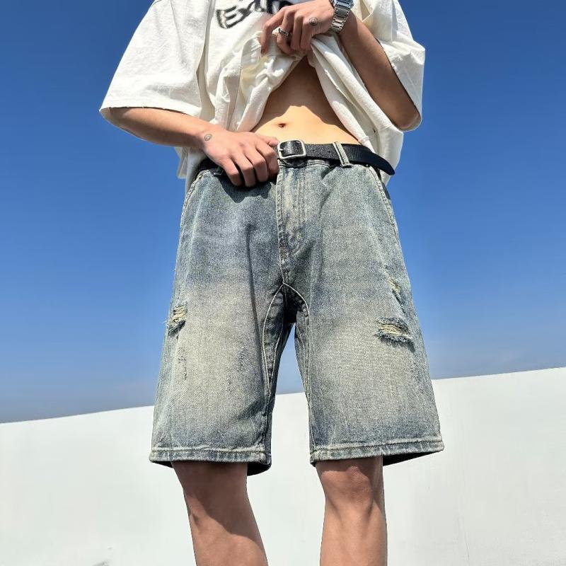 Pantalones cortos de jeans agujeros de verano delgados para hombres 2025 nuevos pantalones vintage estadounidenses sueltos marca de tendencia pantalones de tamaño grande