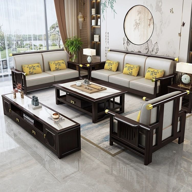 Chinese Style Living Room Solid Wood Sofa Modern Simple Villa Wooden Furniture Combination Classical Zen Style Winter and Summer Corner Dual Use