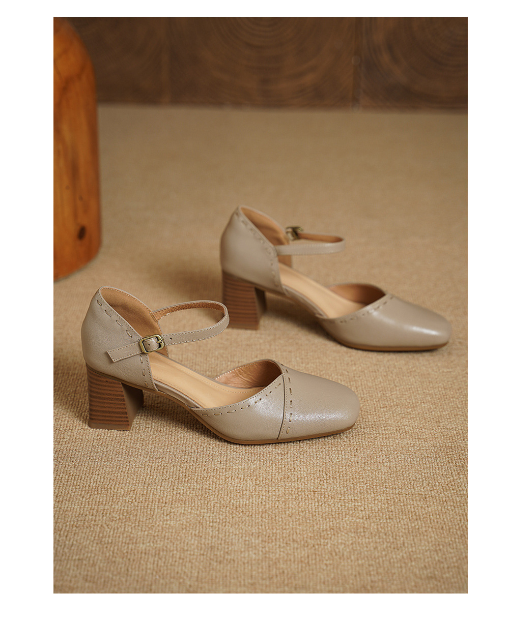 Giày sandal cao gót nữ quai ngang mũi vuông gót 6 cm — đen chi tiết 12