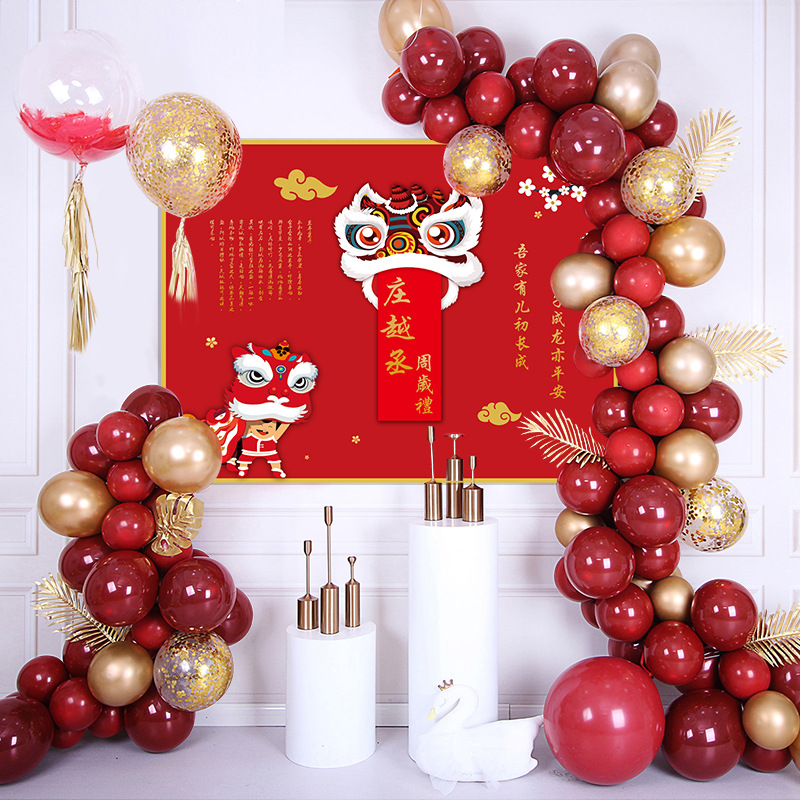 中国风宝宝宴生日海报抓周礼布置墙布红色中式周岁宴背景布墙地垫