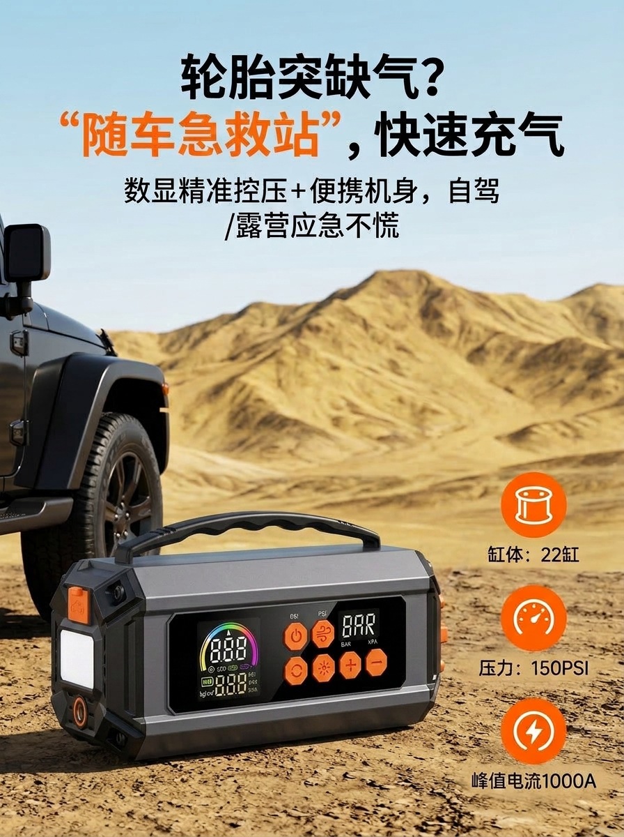 Car Air Pump, Multi-Functional Portable Electric Car Air Pump, Emergency Jump Starter