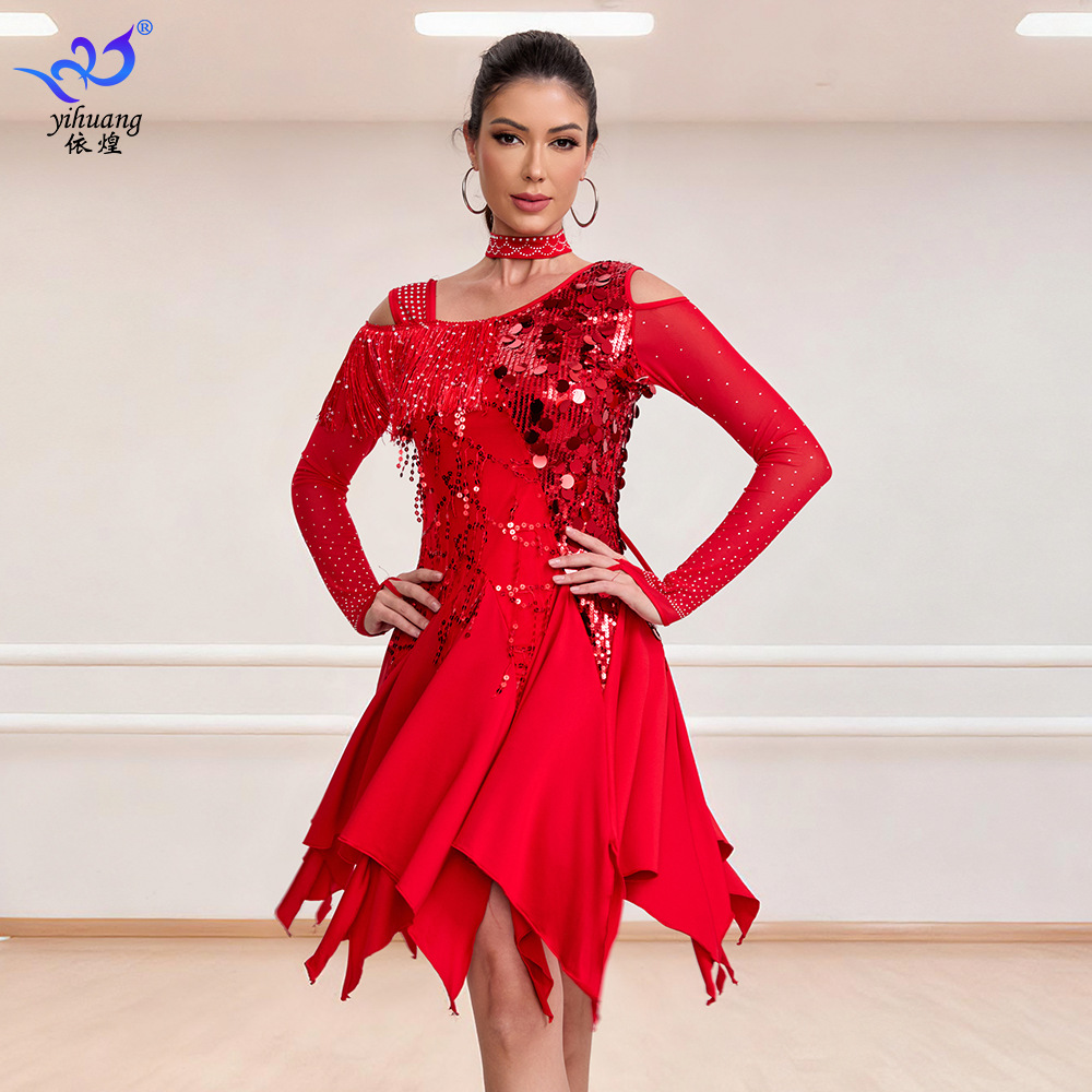 Latin Dance Skirt Performance Dress Ball Dance Skirt Professional Competition Dress Dance Dress Sequined Long-Sleeved Tassel Dress