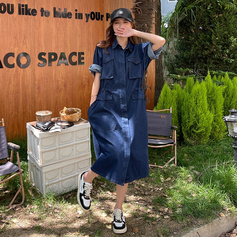 Workwear Denim Shirt dress Tight Waist 2024 New Niche Design Elegant High-end Polo Collar Long Skirt