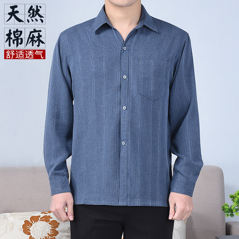 Middle-aged and Elderly Spring and Summer Long-sleeved Shirts for Men and Dads Cotton and Linen Grandpa Spring Cotton and Linen Tops Loose Large Size Shirts