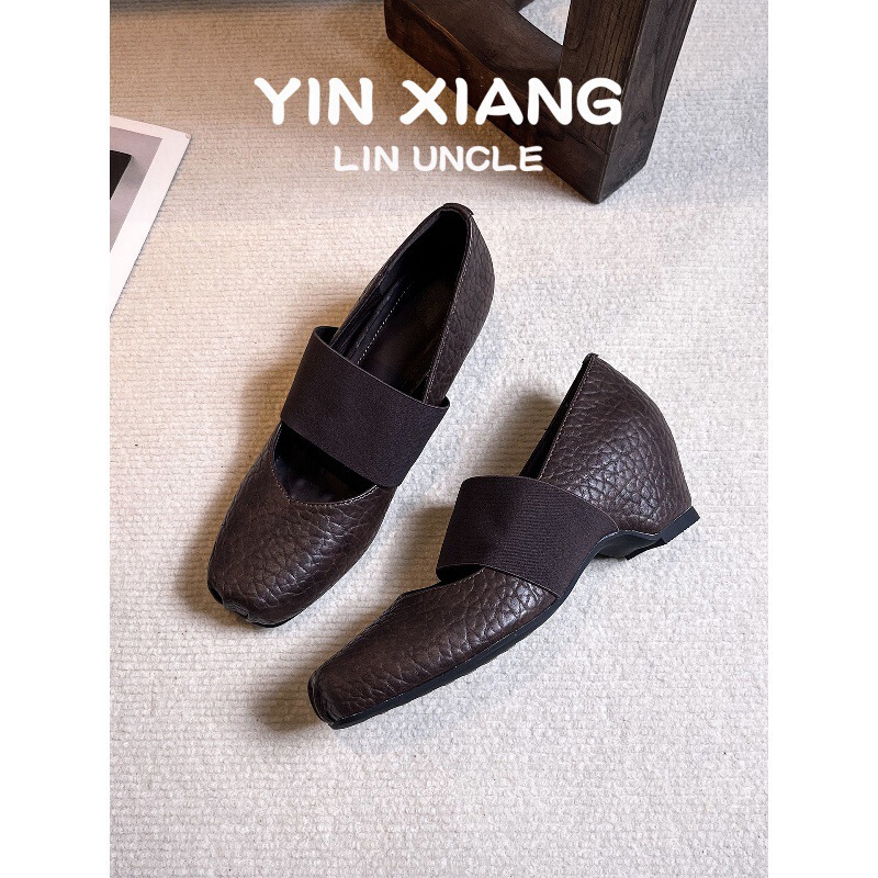 Cowhide ~ 5cm Inner Height Increase Retro French Mary Jane Shoes for Women with Elephant Pattern Design Ballet Super Soft Fashion Shoes