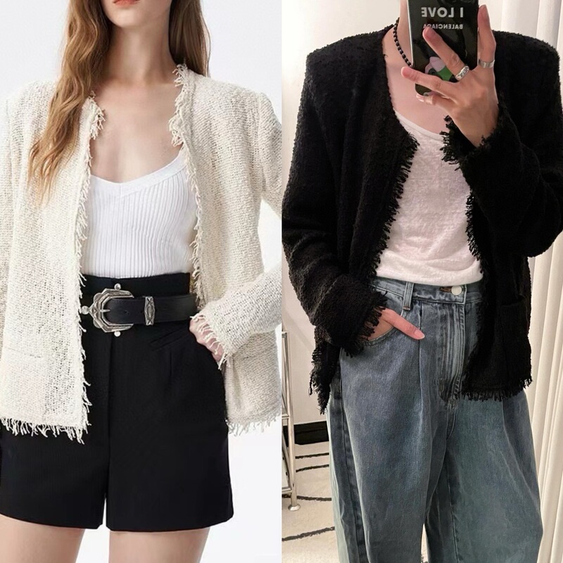 26 Early Spring New Style French Classic Tweed Fringe Fringe-Edged Chanel-Style Straight Knitted Cardigan Jacket