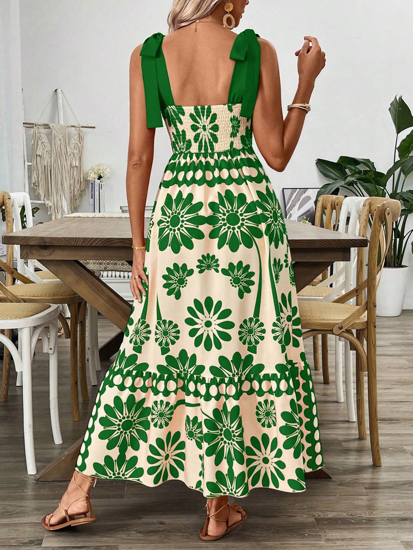 European American Foreign Trade Clothing Women's Bohemian Style With Floral Shoulder Straps And Tie-Up Long Dress_ecoleips.com