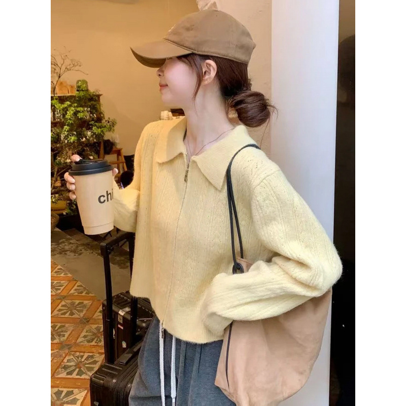 Kaning French-Style Goose Yellow Polo Collar Knitted Cardigan for Women 2026 Early Autumn New Design Double Zipper Sweater for Women