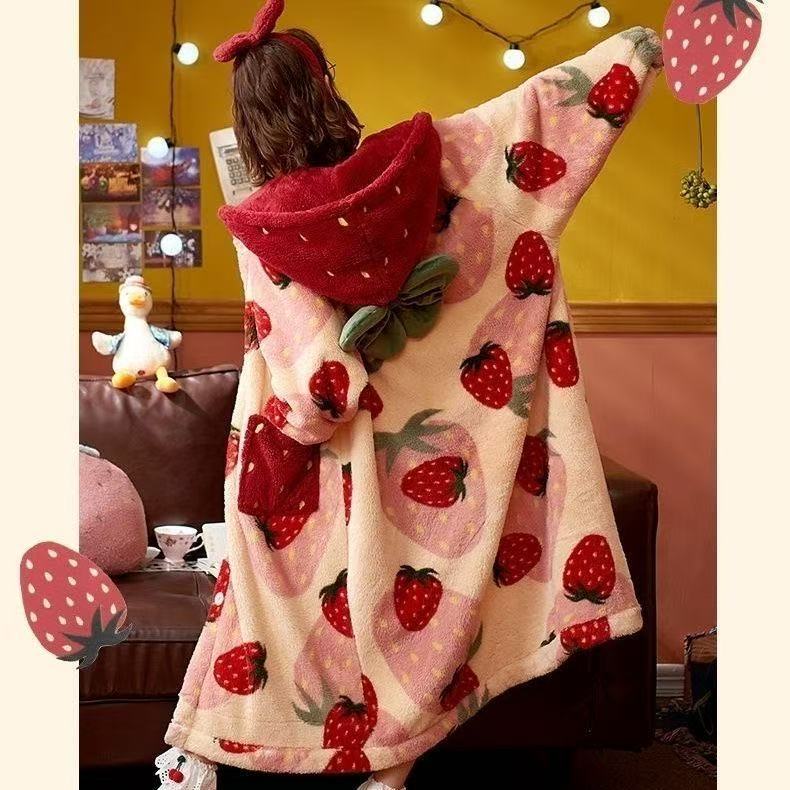 european and american shu cotton velvet nightdress women‘s winter fleece-lined thickened pajamas outer wear long strawberry nightgown bathrobe customization